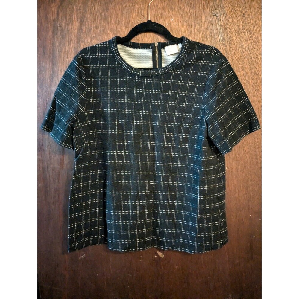 Anthropologie Black Check Short-Sleeve Boxy Blouse